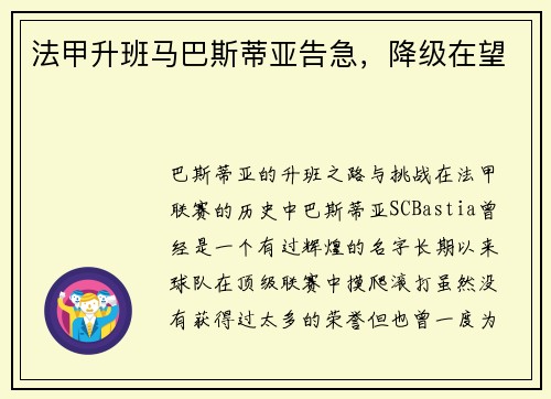 法甲升班马巴斯蒂亚告急，降级在望