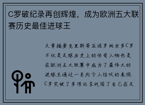C罗破纪录再创辉煌，成为欧洲五大联赛历史最佳进球王
